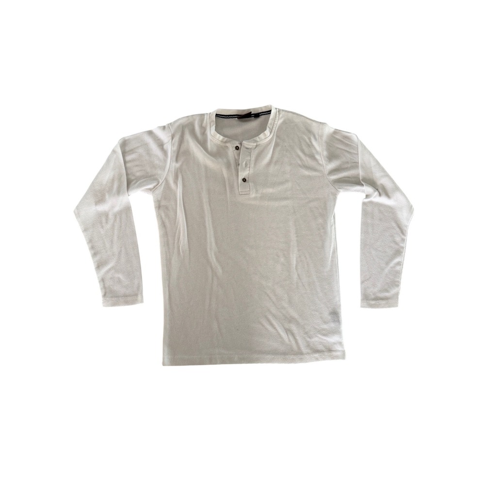 Smash Mens Henley Shirt Large White Waffle Knit Long Sleeve Thermal Cotton Blend